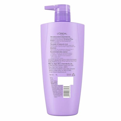 L'Oreal Paris Hyaluron Moisture 72HR Moisture Filling Shampoo powered by Hyaluronic Acid, for Frizz-free, Hydrated and Bouncy Hair Full of Life | 1Ltr