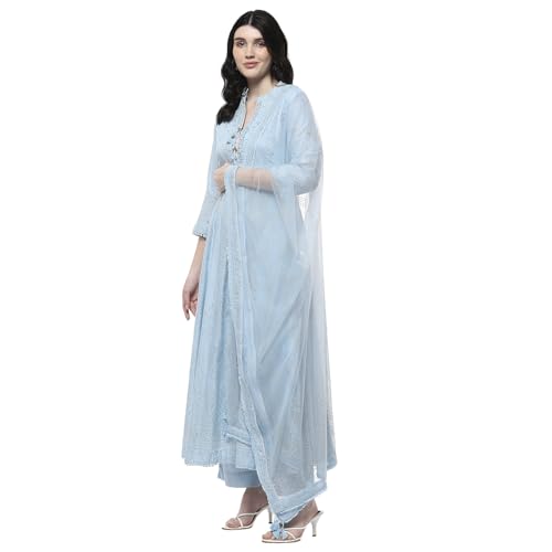 Biba Women Powder Blue Cotton Embellished Anarkali Kurta Set_36