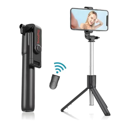 SOOPII 3-in-1 Selfie Stick with Bluetooth Remote, Foldable Tripod Stand, Compact & Extendable Upto 70 cm / 27.5 inches Mobile Stand Holder for iPhone and Android Devices