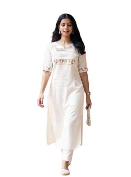 Women Denim Cotton Ethnic Kurta Set | Stylish Kurta with Pant Outfit White