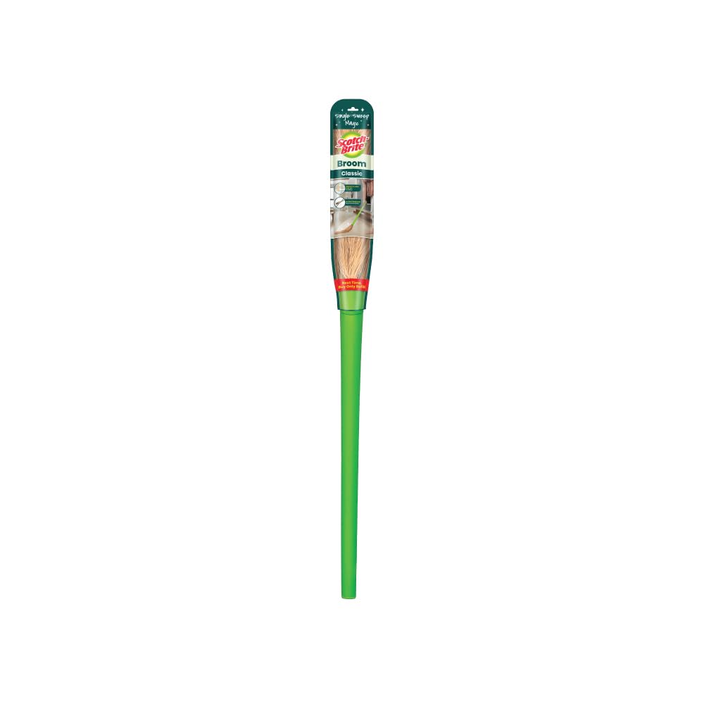 Scotch-Brite Classic Floor Broom | Flat Fibers Pick Fine Dust & Hair | Long Handle for No Bending | No Dust Shedding | Lightweight & Long Lasting