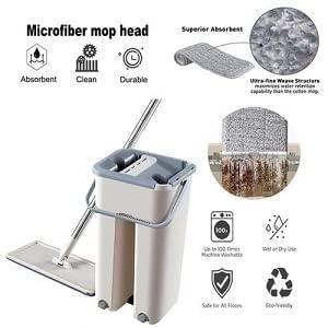Mop Heavy Quality Floor Mop with Bucket, Flexible Kitchen tap Flat Squeeze Cleaning Supplies 360 Flexible Head/2 Reusable Pads Clean Home Floor Cleaners