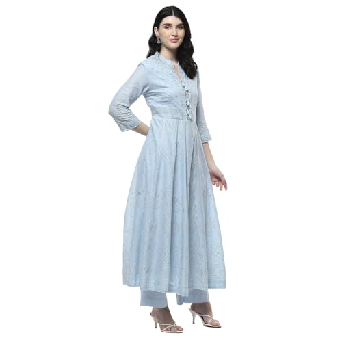 Biba Women Powder Blue Cotton Embellished Anarkali Kurta Set_36