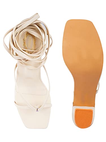 Shoetopia Elegant Cream Block Heel Sandals with Gladiator Detail | Chic Lace-Up Straps | Comfortable Summer Footwear for Women EU38