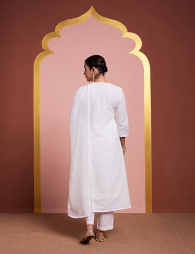Amazon Brand - Myx Women's Pure Cotton A-Line 3 piece Schiffli Suit Set (Available in Plus Sizes) (SS26-MYX-SUR-SKD-01 (A)_White_M)