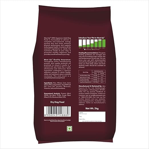 Meat Up Adult Dry Dog Food 3kg + 3kg (Free) 6kg | 100% Vegetable | Buy 1 Get 1 | Healthy Skin and Beautiful Coat | Antioxidants | Vitamins and Minerals