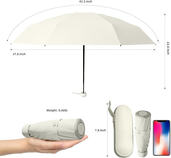 LA Zinc Capsule Compact Umbrella – Pocket Size Lightweight Small Folding Chhata, Windproof Portable Mini Umbrella for Purse, Sun & Rain UV Protection (White)