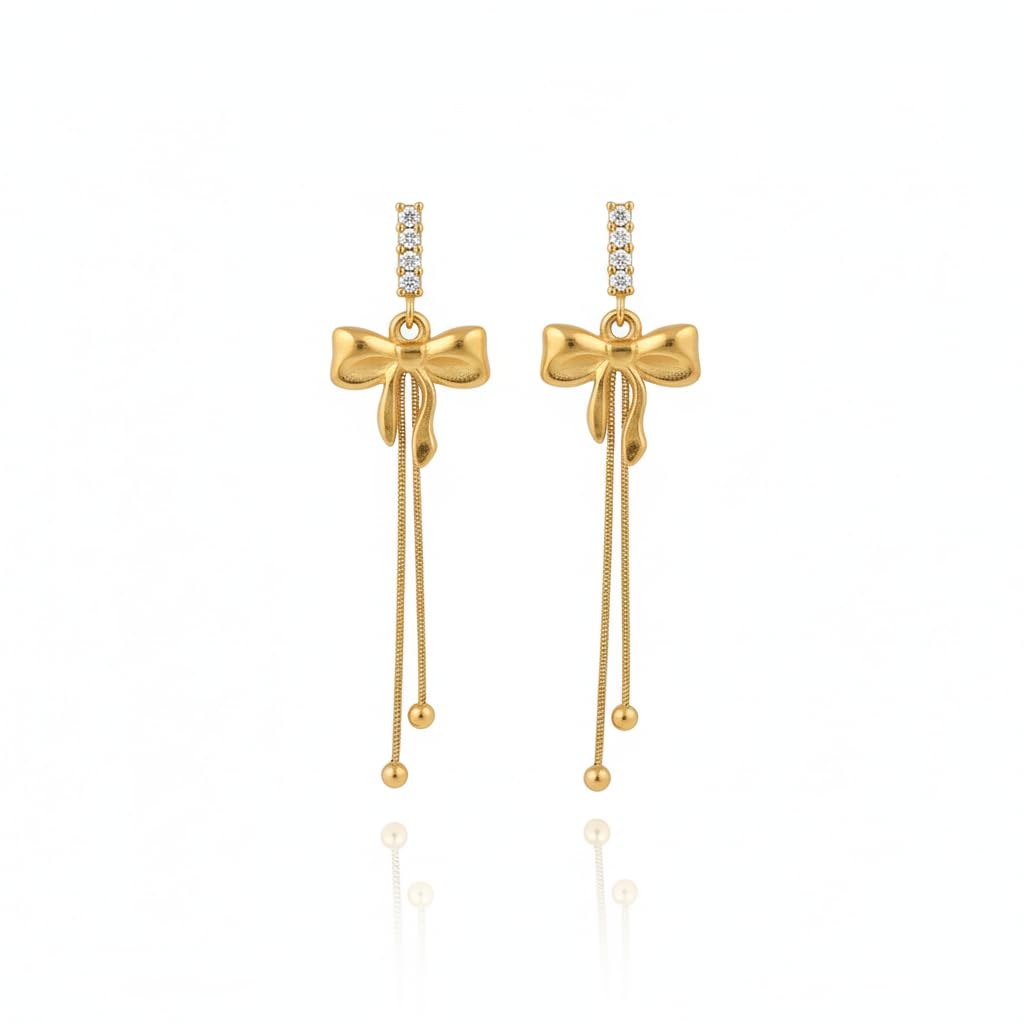 CALISTA Grace Bow Luxe Dangle Earrings for Women | Gold-Plated Bow Design Long Drop Earrings | Lightweight Anti-Tarnish Fashion Jewellery | Party, Festive & Gifting Wear