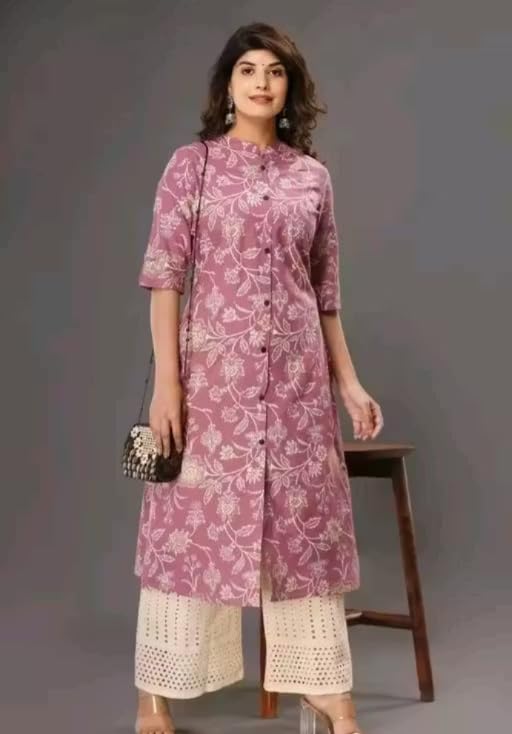Women's Floral Printed Kurti, Mauve Pink, Half Sleeve, Button-Down Style (in, Alpha, 2XL, Pink)