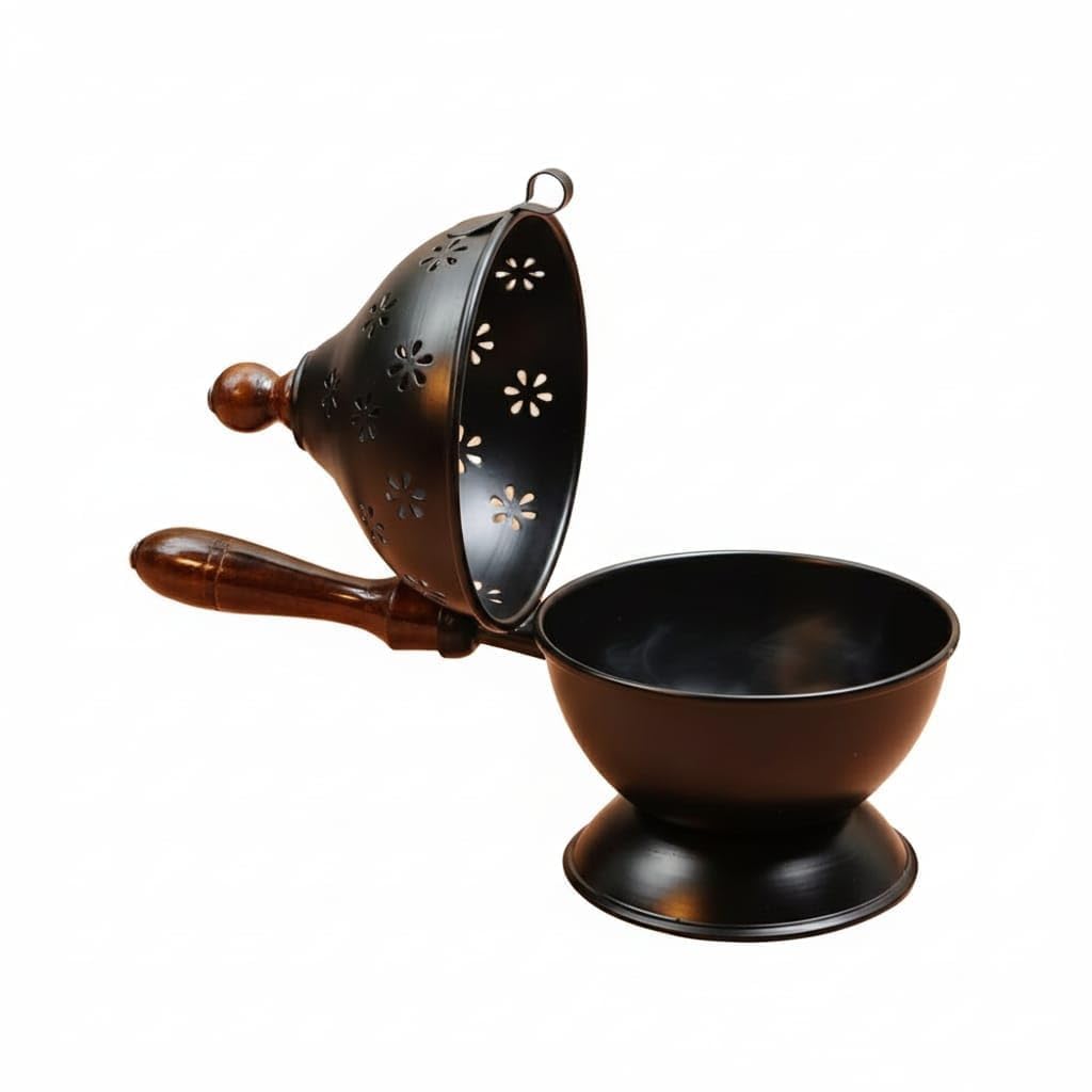 𝐋𝐔𝐗𝐔𝐑𝐘 𝐋𝐎𝐃𝐆𝐄™ Metal Dhoop Dani | Incense Burner for Puja | Loban Dani | Bakhoor Burner | Dhoop Holder Stand | Globe Design with Wooden Handle | Pooja Room Decor | Home Fragrance | Gift