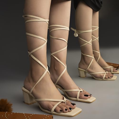 Shoetopia Elegant Cream Block Heel Sandals with Gladiator Detail | Chic Lace-Up Straps | Comfortable Summer Footwear for Women EU38
