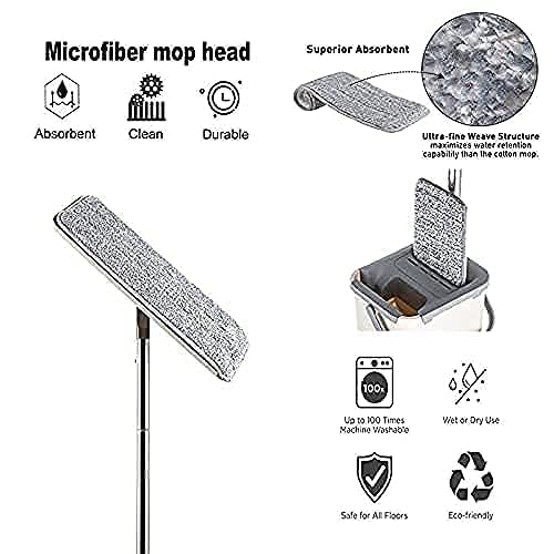 Mop Heavy Quality Floor Mop with Bucket, Flexible Kitchen tap Flat Squeeze Cleaning Supplies 360 Flexible Head/2 Reusable Pads Clean Home Floor Cleaners