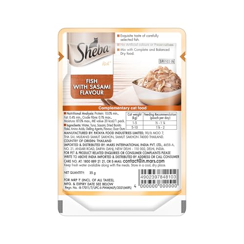 Sheba Rich Premium Adult (1+ Years) Wet Cat Food, Fish with Sasami Flavour, 35 g Pouch (Pack of 12), High-moisture wet food for healthy hydration