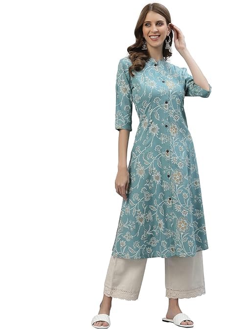 Women's Floral Printed Kurta, 3/4 Sleeve, A-Line Style, Ethnic Wear (in, Alpha, M, Teal Blue)