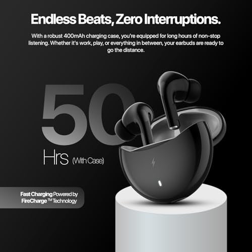 Fire-Boltt Aero TWS Earbuds Custom EQ, Wireless Bluetooth 5.4, Music & App Support, 50H Playtime, Fast Charging Case, 50ms Low Latency for Gaming, Touch Controls, IPX4 Waterproof, Clear Calls - Black