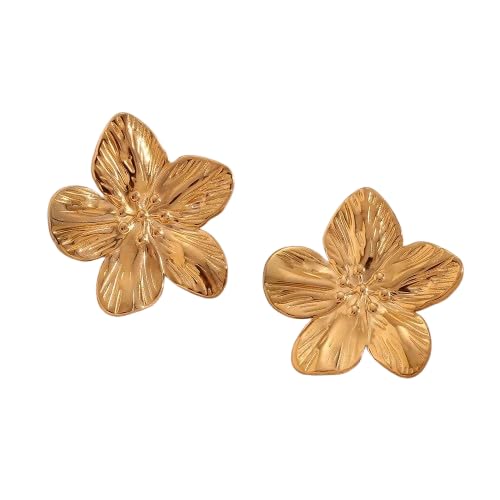 Artifi Gold Flower Stud Earrings, Five Petal Textured Design, 18k Gold Plated Alloy, Statement Jewelry for Women