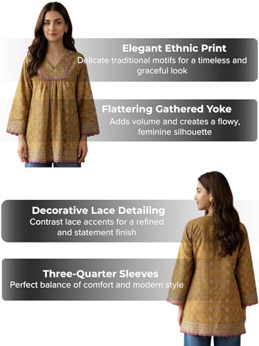 Leriya Fashion Tunic Tops for Women Stylish | Mustard Tunic Tops for Women Cotton – Long Top for Woman | Woman Ethnic Printed Western Top Kurtis
