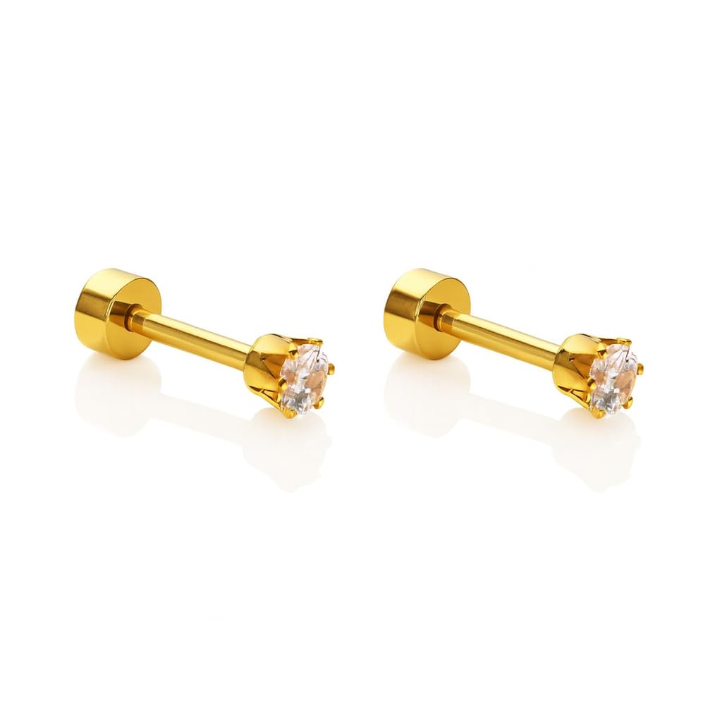 ELARVIA - 4mm Women’s Screw Back Stud Earrings – Gold Stainless Steel CZ Diamond Look Ear Studs for Women & Girls | Hypoallergenic, Everyday, Office , Party & Festive Earings, Durable & Stylish Fashion Jewelry Pair