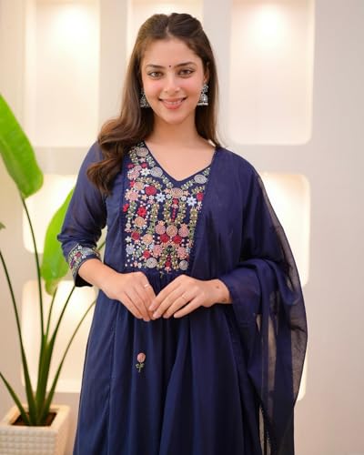 KLOSIA Women Embroidery Solid Anarkali Kurta and Pant Set with Dupatta (in, Alpha, L, Blue)