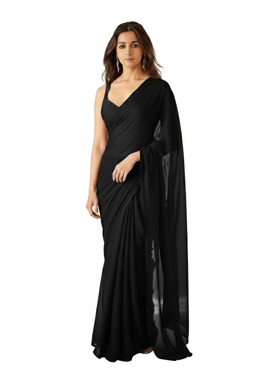 Indian Fashionista Women's Black Plain Pure Georgette Saree With Unstitched Blouse Piece (Rocky Aur Rani Ki Prem Kahani Alia Bhatt Saree)