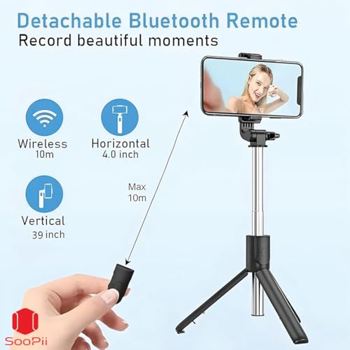 SOOPII 3-in-1 Selfie Stick with Bluetooth Remote, Foldable Tripod Stand, Compact & Extendable Upto 70 cm / 27.5 inches Mobile Stand Holder for iPhone and Android Devices