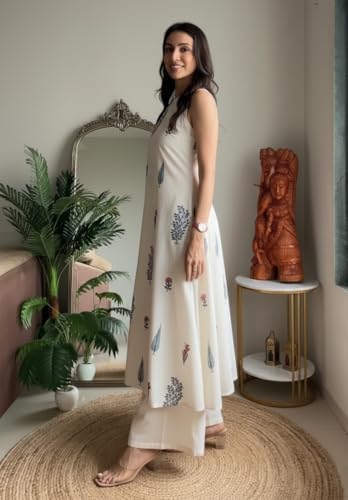 Klosia Women Pure Cotton Kurta Palazzo Set | Sleeveless Printed Kurta with Palazzo Pants | Summer Friendly, Office Wear Co-Ord Sets