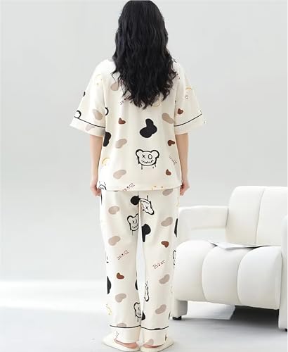 Louis Luxe Womens Korean Night Dress || Full Pyjama Set ||Korean Nightsuit || Women Nightwear ||Round Neck Full Sleeve Nightsuit || Loungewear || Everyday Nightdress (ND-10-CREAM-XL)