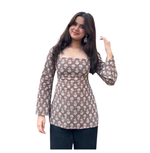 Prajapati fashion Women Rayon Printed Short Kurti | Square Neck | Long Sleeve Design | Casual & Office Wear Top | Comfortable (in, Alpha, M, Regular, Brown)