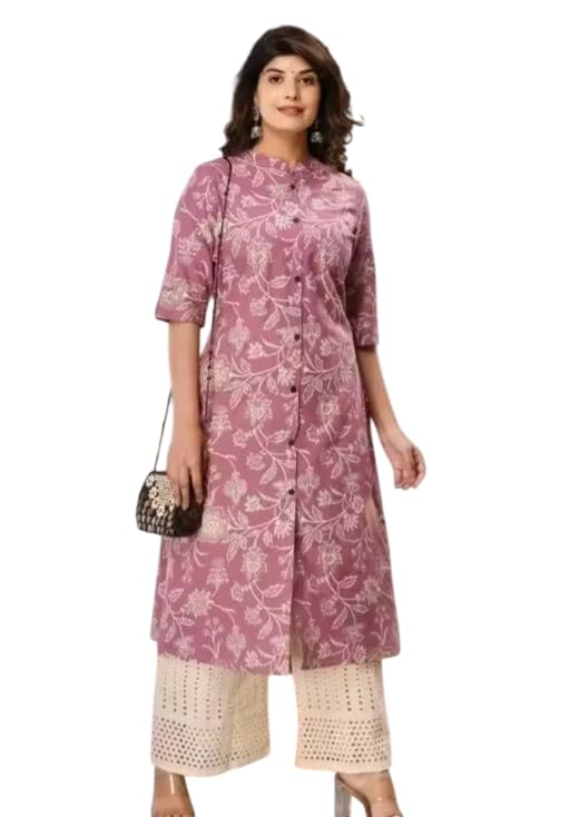 Women's Floral Printed Kurti, Mauve Pink, Half Sleeve, Button-Down Style (in, Alpha, 2XL, Pink)