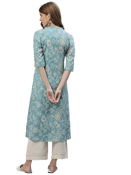 Women's Floral Printed Kurta, 3/4 Sleeve, A-Line Style, Ethnic Wear (in, Alpha, M, Teal Blue)