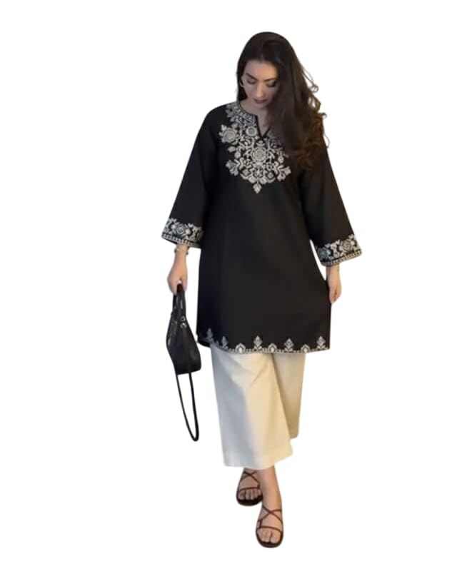 Women's Embroidered Kurti, V-Neck, 3/4 Sleeves, Floral Embroidery, Casual Ethnic Wear, Maroon, Pink & Black (in, Alpha, XL, Black)