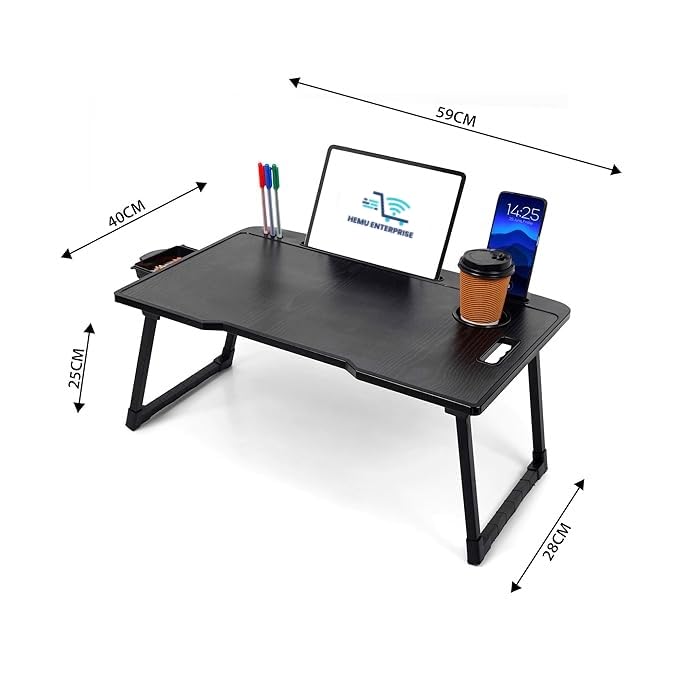 Smart Multipurpose Foldable Laptop Table with Cup Holder, Study Table, Bed Table, Breakfast Table, Foldable and Portable/Ergonomic & Rounded Edges/Non-Slip Legs (Black)