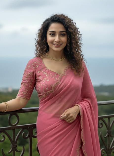 Chinon Silk Saree with Embroidered Blouse, Traditional Georgette Saree, Elephant Embroidery Pattern, V-Neck Design, Free Size, Festival Wear (Pink)