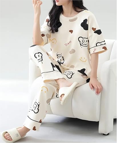 Louis Luxe Womens Korean Night Dress || Full Pyjama Set ||Korean Nightsuit || Women Nightwear ||Round Neck Full Sleeve Nightsuit || Loungewear || Everyday Nightdress (ND-10-CREAM-XL)