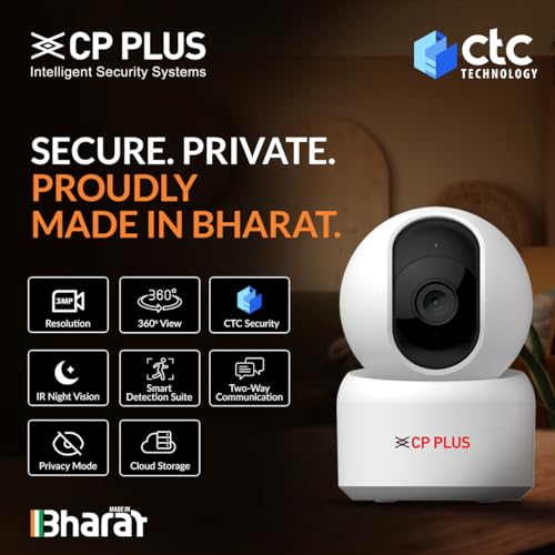 CP PLUS 3MP Smart Wi-Fi CCTV Camera | 360° Pan & Tilt | CTC Cyber Secure Tech | View & Talk | Smart Detection Suite | Night Vision | Cloud Storage | Supports OK Google | CP-E35Q