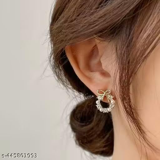 Korean Stud Earrings Combo Pack, Pearl and Bow Design, Gold Tone, 2 Pairs for Women and Girls