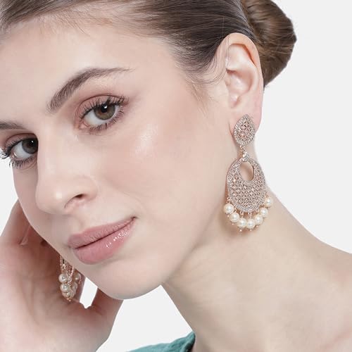 Estele Women's 24K Rose Gold Plated American Diamond Brass Metal Mesh Drop Earring