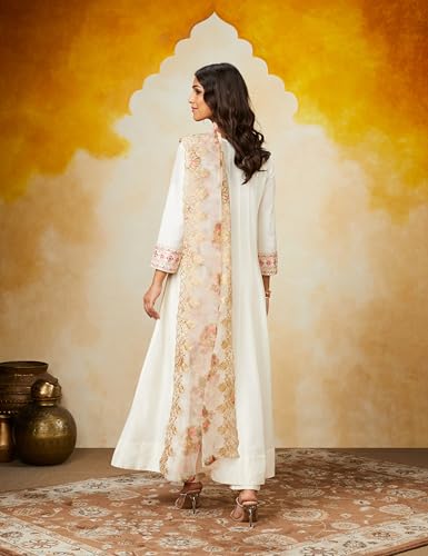 Amazon Brand - Myx Women's Embroidered Anarkali Kurta Pant Set with Organza Dupatta | Viscose,Rayon | A-line fit (AW24-MYX-SKD-VN-03_Off-White_L)
