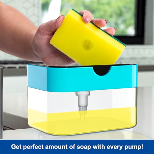SWAPKART 2 in 1 Soap Dispenser for Bathroom Accessories Dishwasher Liquid Holder Liquid Dispenser Pump 400 ML with Sponge Holder Kitchen Sink Accessories Items (Multi-Color)