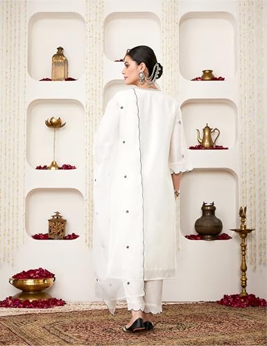 Amazon Brand - Myx Women's Embroidered Kurta Pant Set with Organza Dupatta (SS25-MYX-SUR-KS-17_Off-White_L)
