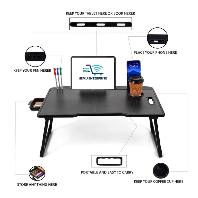 Smart Multipurpose Foldable Laptop Table with Cup Holder, Study Table, Bed Table, Breakfast Table, Foldable and Portable/Ergonomic & Rounded Edges/Non-Slip Legs (Black)