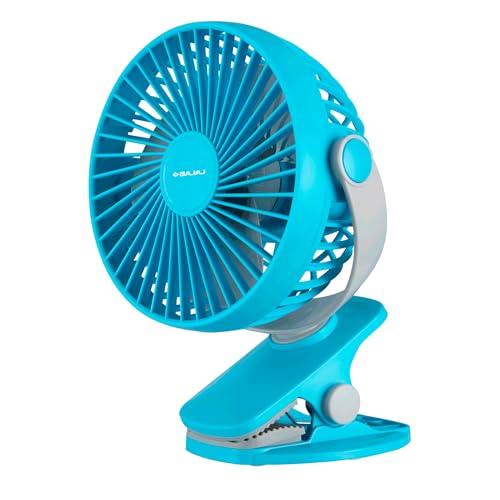Bajaj Pygmy Mini Fan 110MM | USB Charging | Multi-Clip Function | Rechargeable | 4-Hr Back-up | Silent Operation | Longer Battery Life | Energy Efficient | Portable 【Blue】