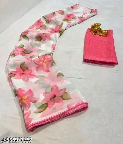 Lightweight Chiffon Saree with Lace BorderPink chiffon flower