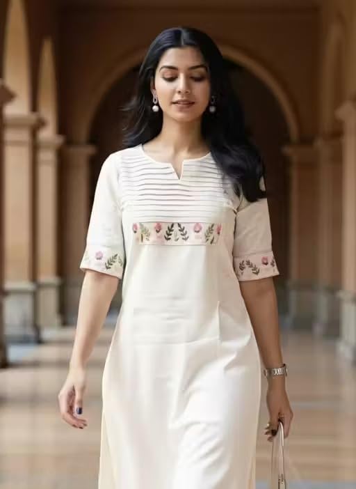 Women Denim Cotton Ethnic Kurta Set | Stylish Kurta with Pant Outfit White