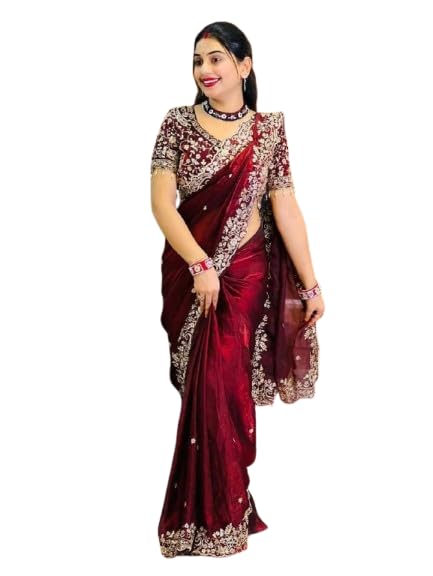 Sareya Veela Designer Sequins and Jari Thread Embroidery Work Saree with Elegant Border and Intricate Cutwork Detailing for Festive Wedding (Maroon)