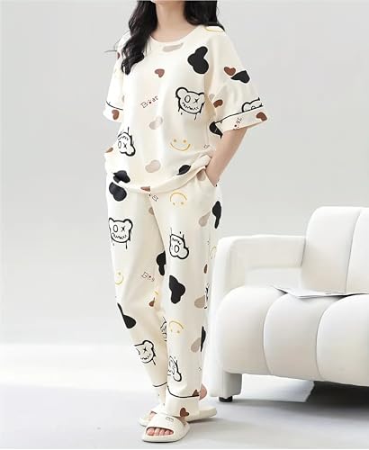 Louis Luxe Womens Korean Night Dress || Full Pyjama Set ||Korean Nightsuit || Women Nightwear ||Round Neck Full Sleeve Nightsuit || Loungewear || Everyday Nightdress (ND-10-CREAM-XL)