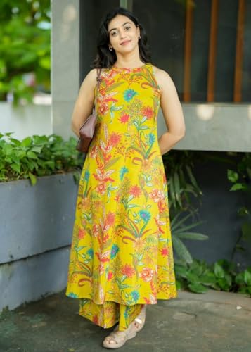 Klosia Women Pure Cotton Kurta Palazzo Set | Sleeveless Printed Kurta with Palazzo Pants | Summer Friendly, Office Wear Co-Ord Sets