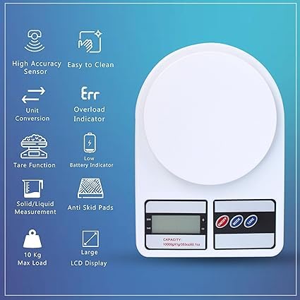 Viblizz Digital Kitchen Weighing Scale 10kg | Electronic Food Weight Machine for Home & Kitchen | High Precision SF-400 Scale for Diet, Baking & Cooking | Multipurpose Weight Balance, White