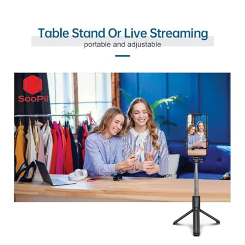 SOOPII 3-in-1 Selfie Stick with Bluetooth Remote, Foldable Tripod Stand, Compact & Extendable Upto 70 cm / 27.5 inches Mobile Stand Holder for iPhone and Android Devices