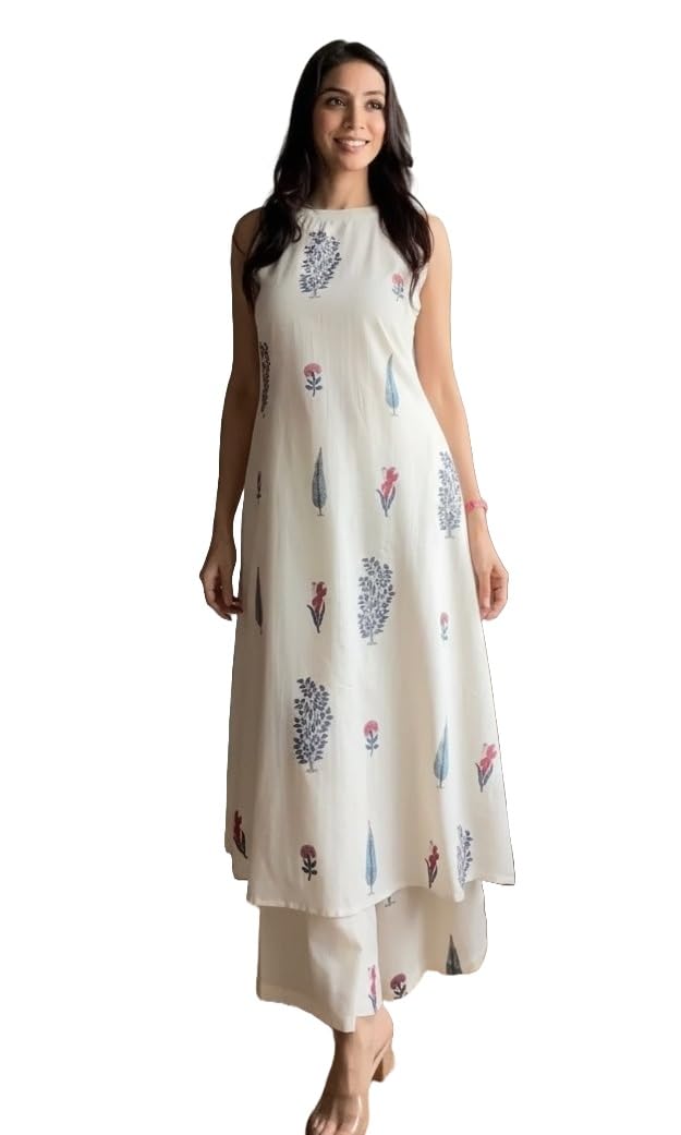 Klosia Women Pure Cotton Kurta Palazzo Set | Sleeveless Printed Kurta with Palazzo Pants | Summer Friendly, Office Wear Co-Ord Sets
